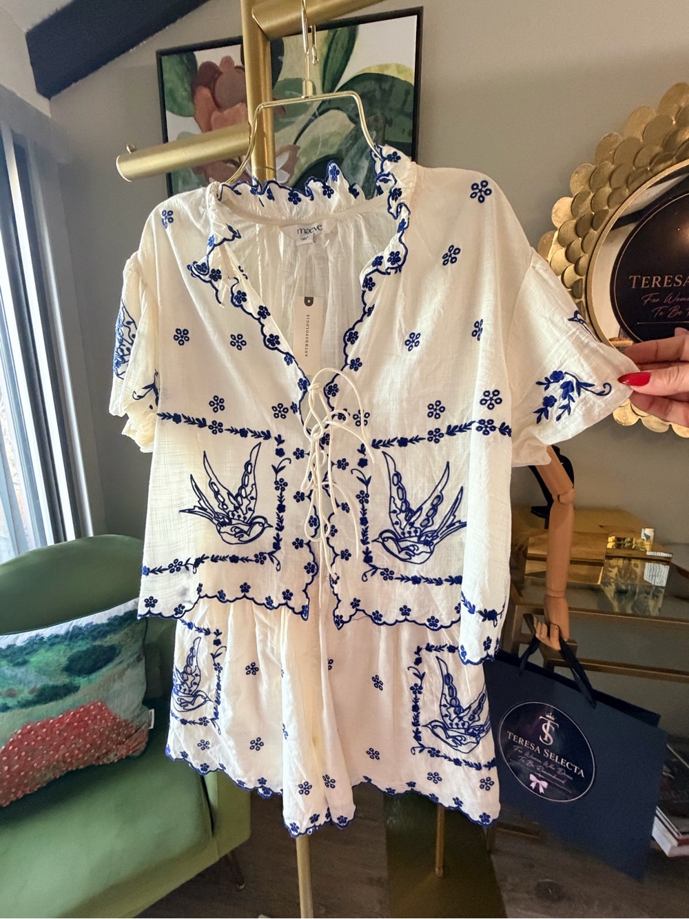 NWT Maeve Anthropologie Embroidered Bird Cotton Top Shorts Set Medium M - Picture 3 of 17
